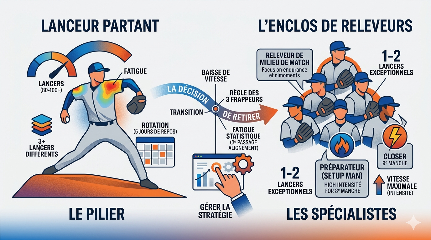 Lanceur partant vs enclos de releveurs : la gestion du monticule